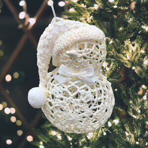 Handmade Crochet Snowman Ornament – Glitter Accents – Vintage Charm – Needs TLC